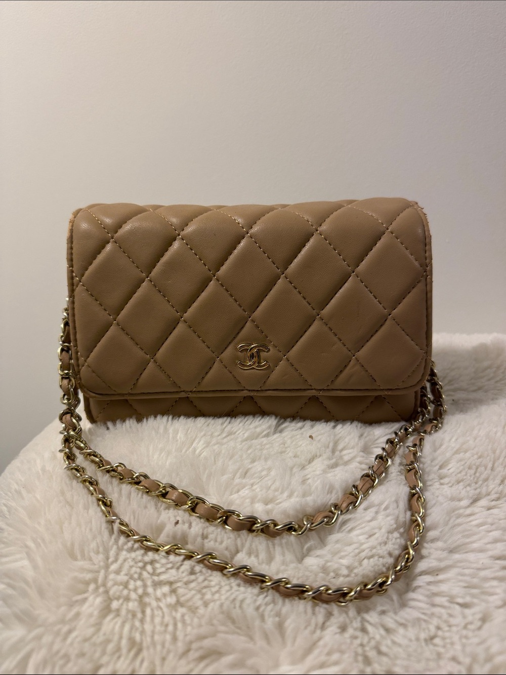 CHANEL Quilted Crossbody Bag in Taupe with Gold Chain